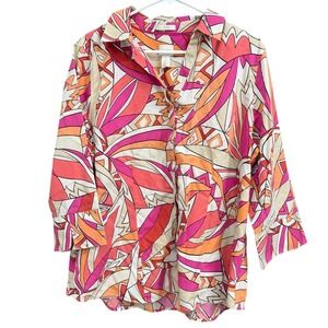 Chico's 3 Button Down Shirt 3/4 Sleeve Abstract Pattern Pink Orange‎ Tan